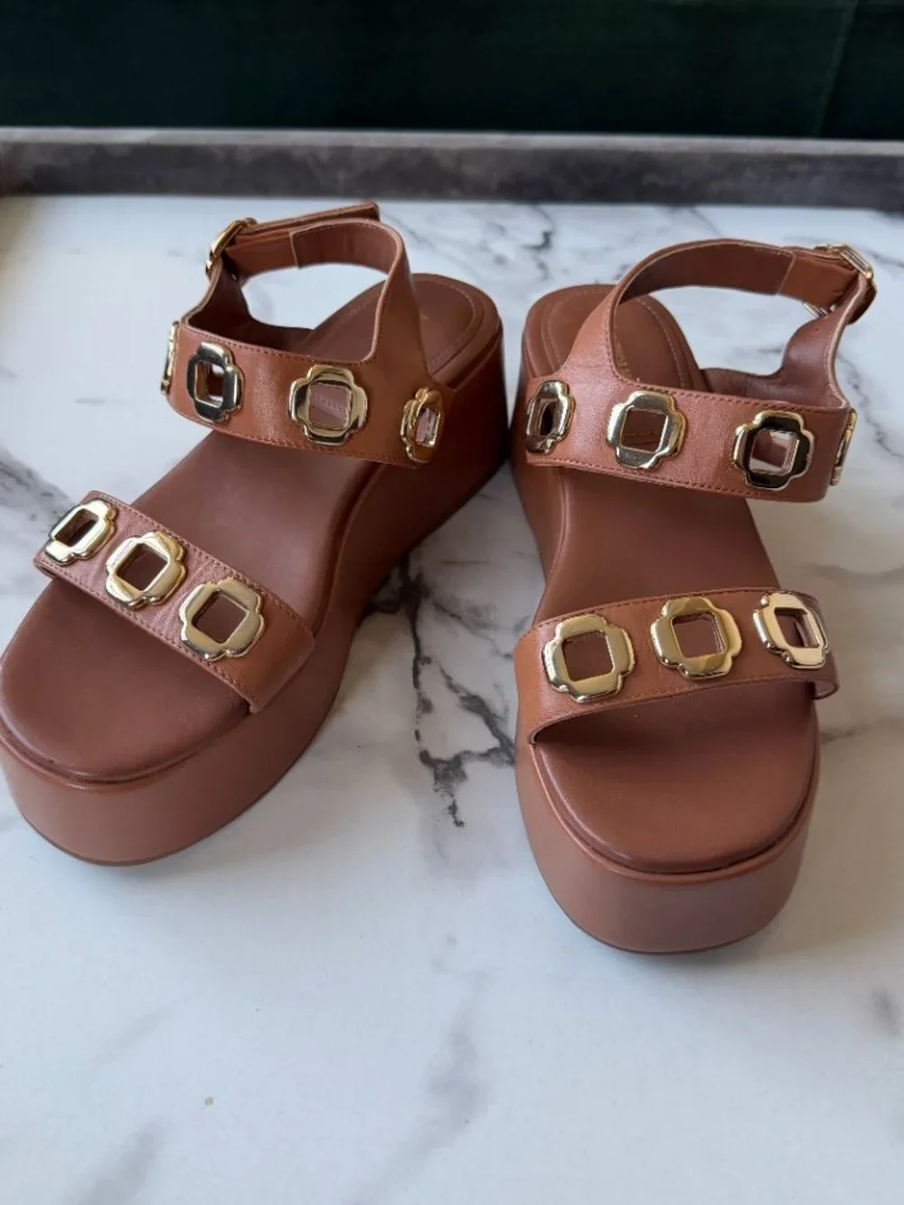 Larroudé Brown Leather Grommet Platform Sandals NEW Size 8.5